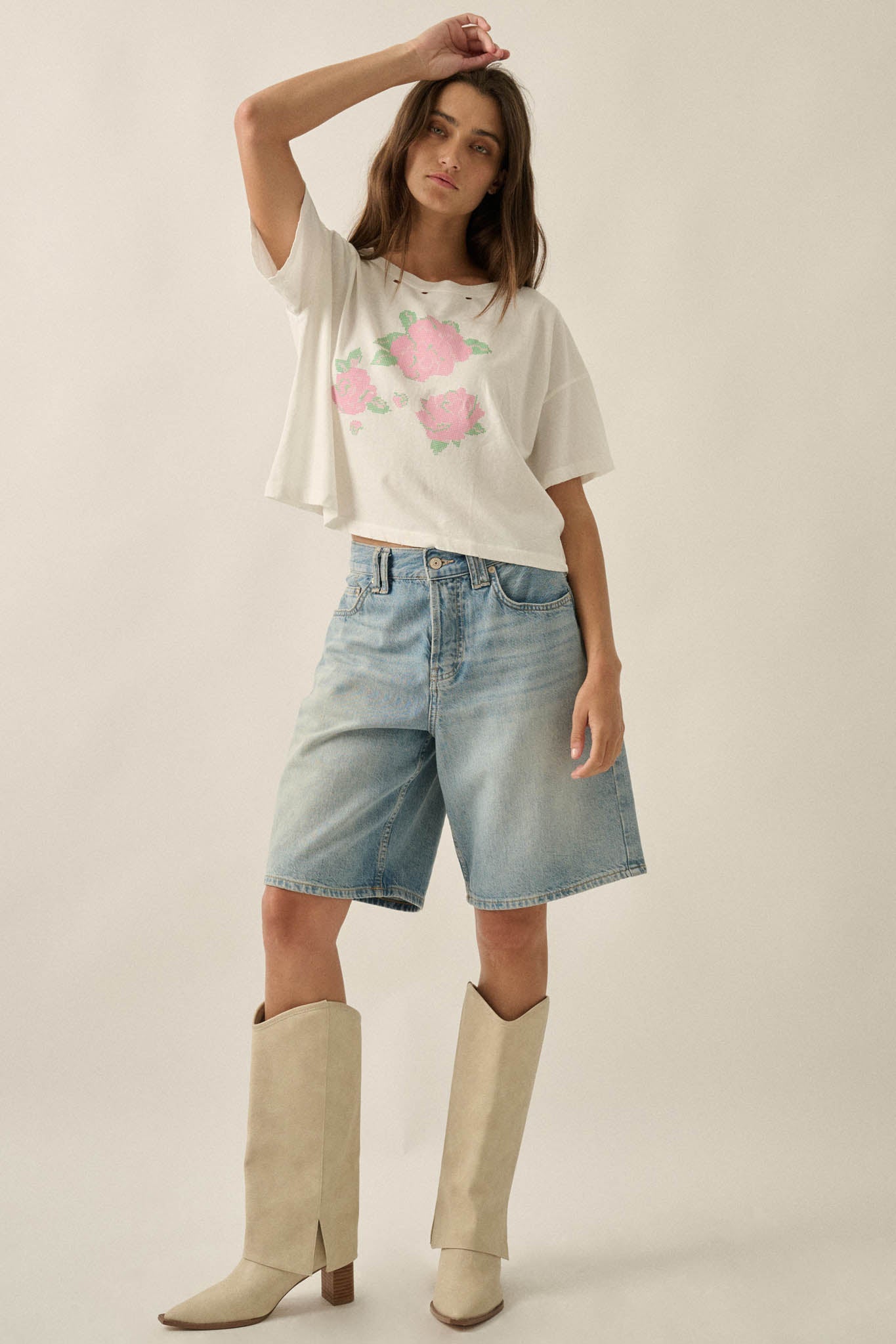 Cross Stitch Roses Distressed Cropped Graphic Tee