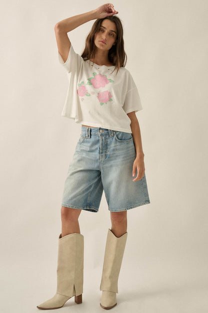 Cross Stitch Roses Distressed Cropped Graphic Tee