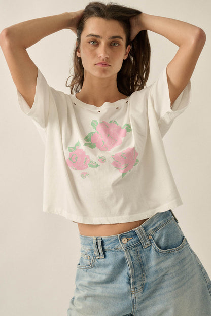 Cross Stitch Roses Distressed Cropped Graphic Tee