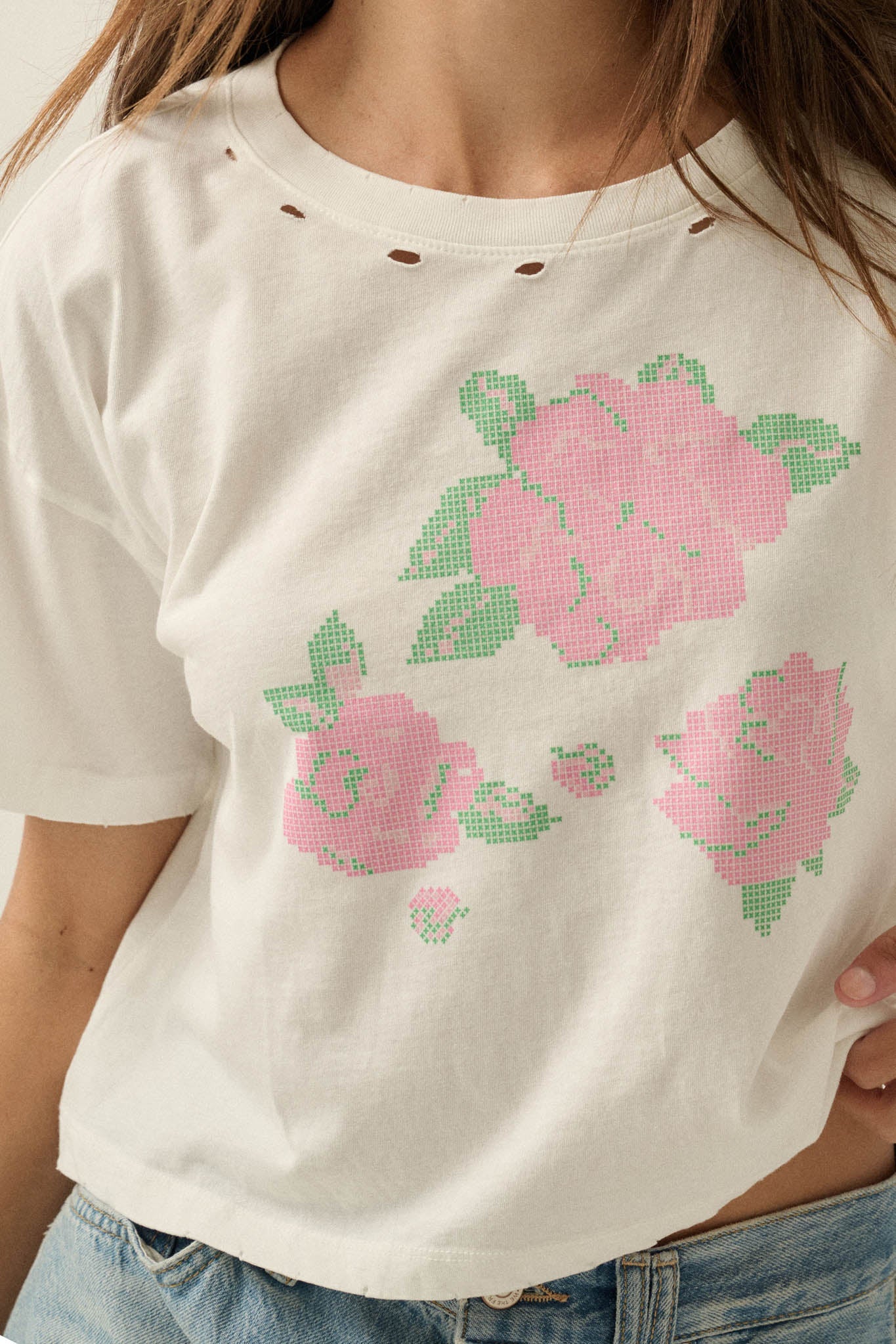 Cross Stitch Roses Distressed Cropped Graphic Tee