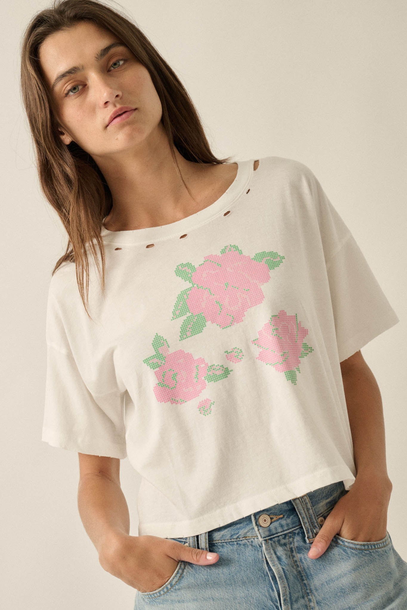 Cross Stitch Roses Distressed Cropped Graphic Tee