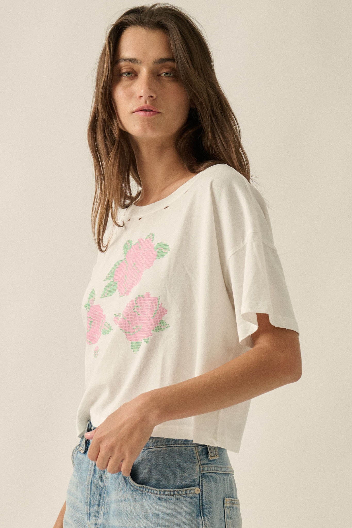 Cross Stitch Roses Distressed Cropped Graphic Tee
