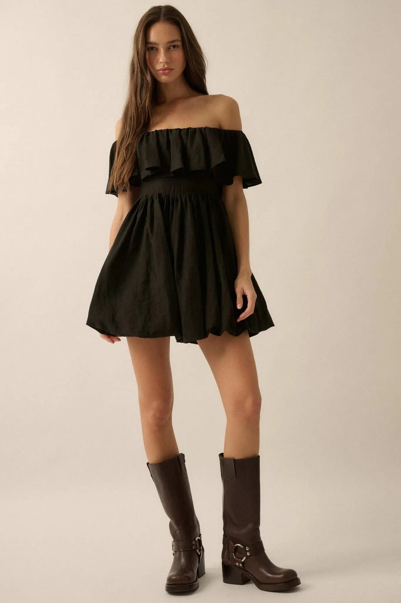 Natural Wonder Off-Shoulder Flounce Mini Dress