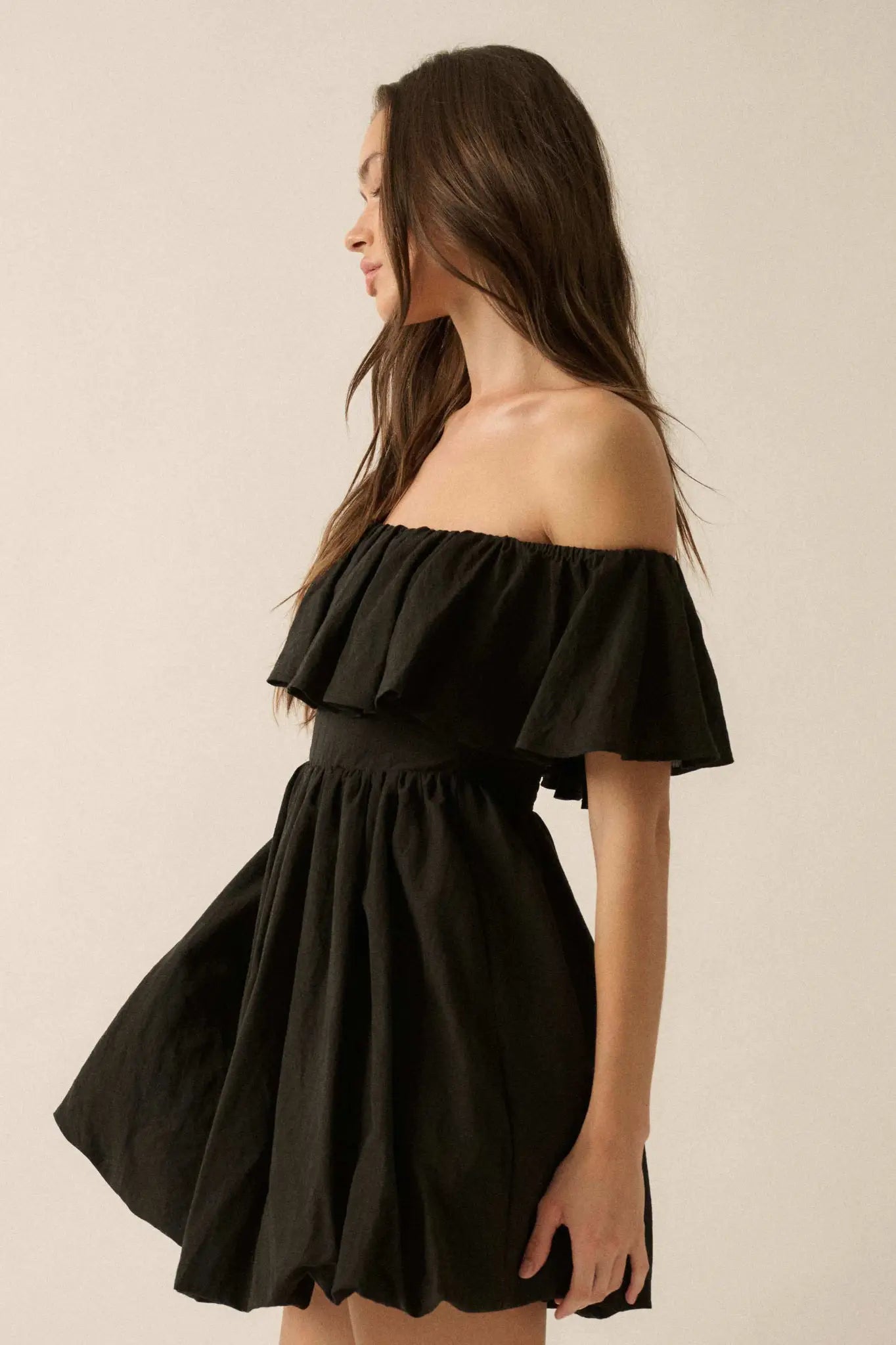 Natural Wonder Off-Shoulder Flounce Mini Dress
