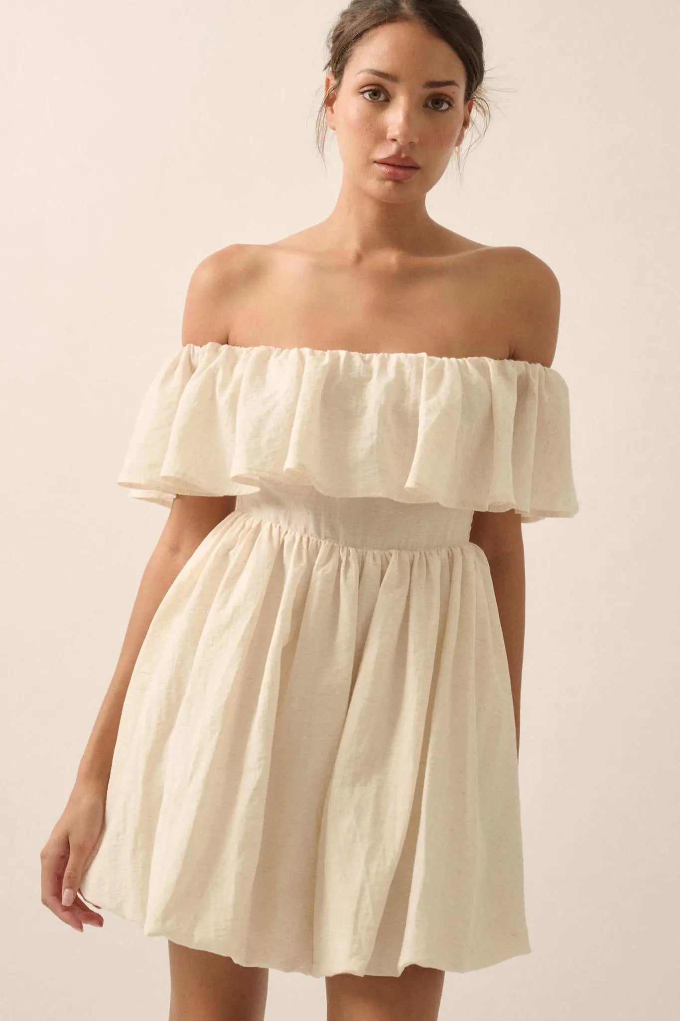 Natural Wonder Off-Shoulder Flounce Mini Dress