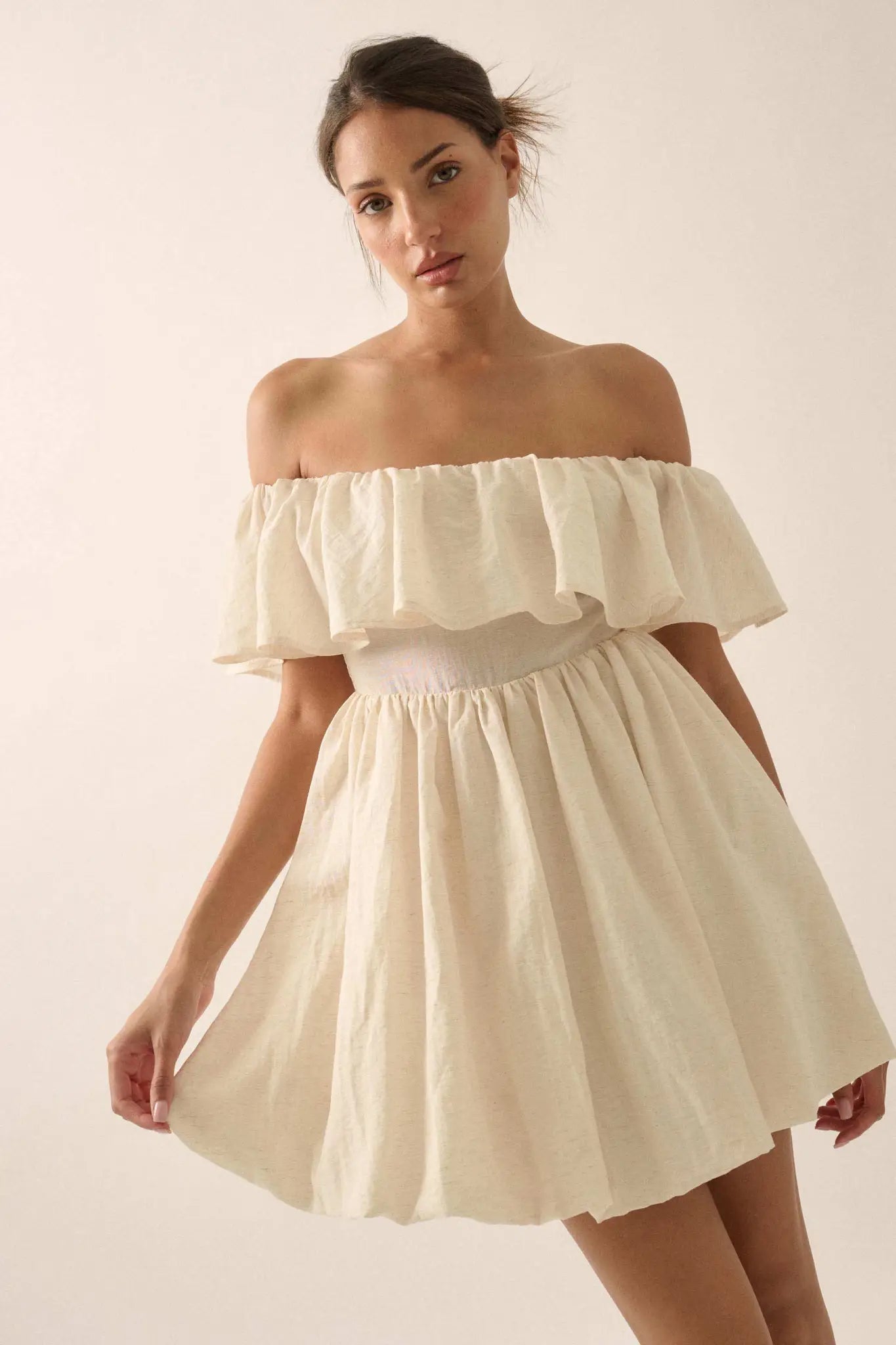 Natural Wonder Off-Shoulder Flounce Mini Dress