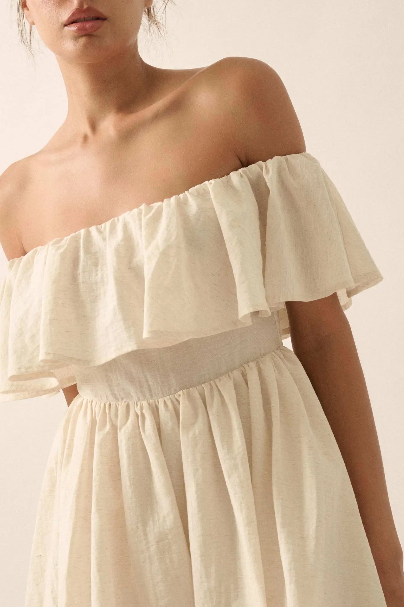 Natural Wonder Off-Shoulder Flounce Mini Dress