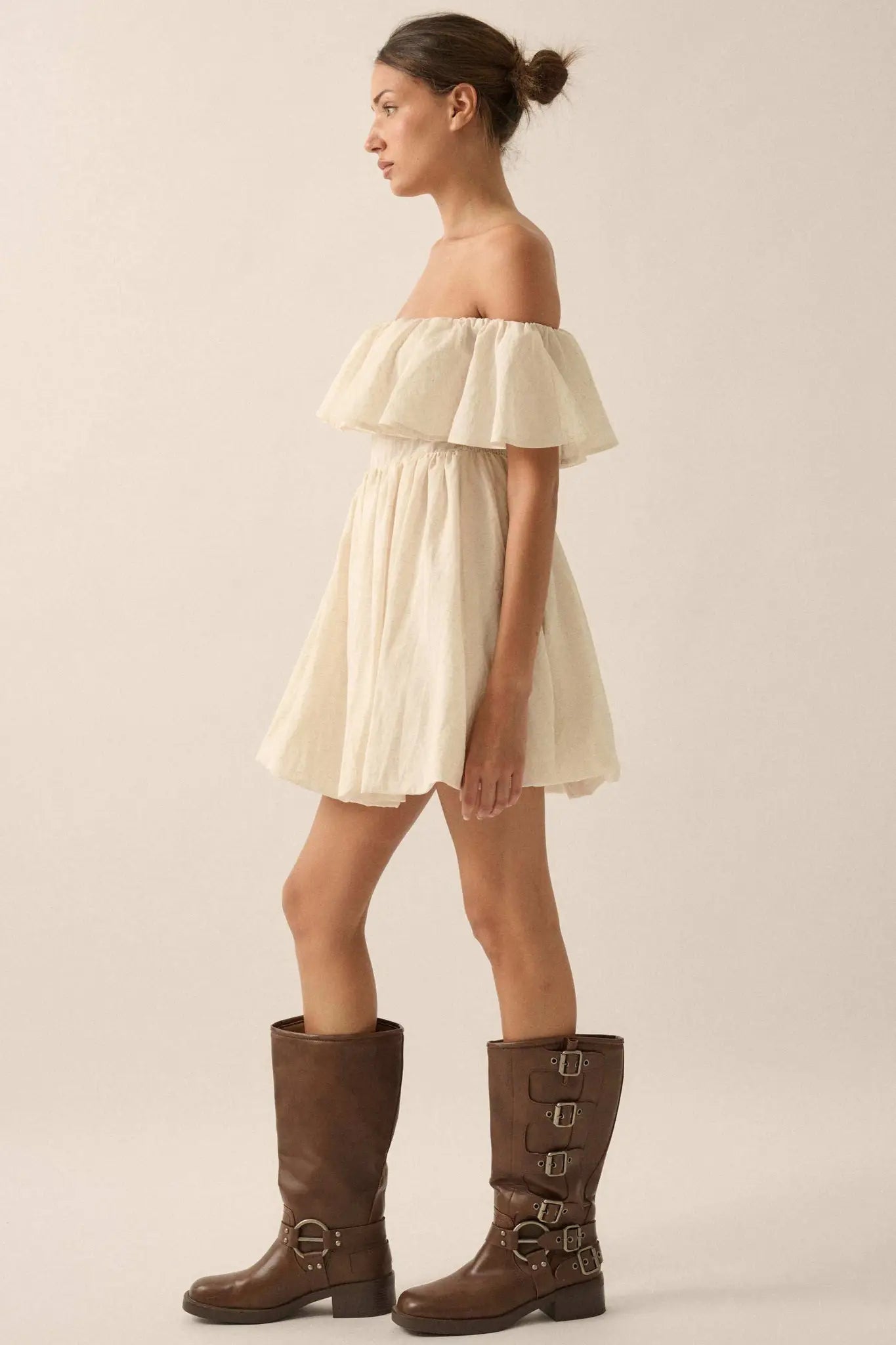 Natural Wonder Off-Shoulder Flounce Mini Dress