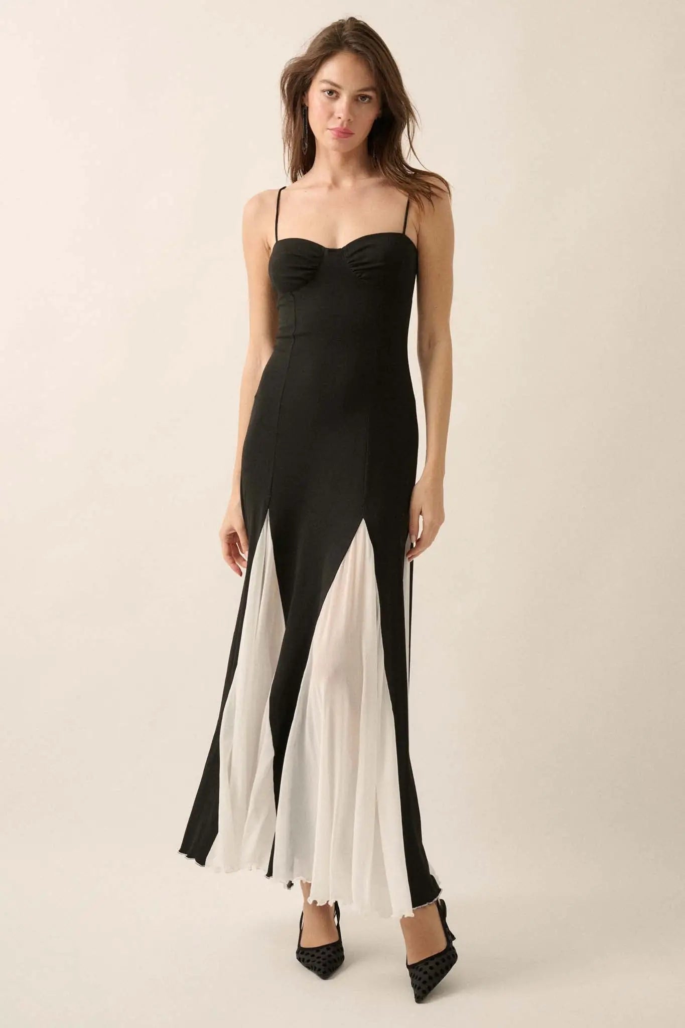 Modern Muse Rib-Knit and Mesh Godet Maxi Dress