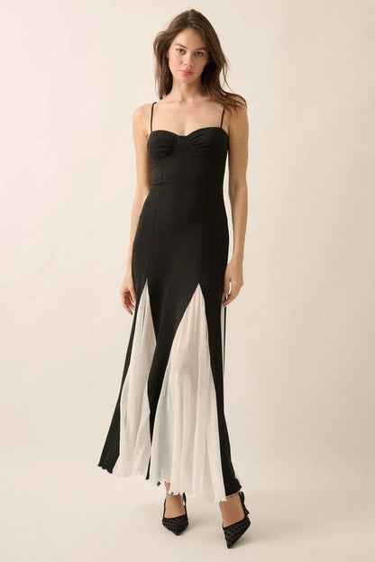 Modern Muse Rib-Knit and Mesh Godet Maxi Dress