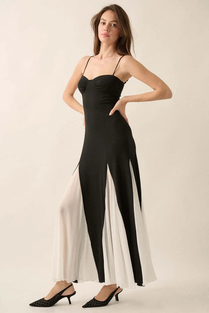 Modern Muse Rib-Knit and Mesh Godet Maxi Dress