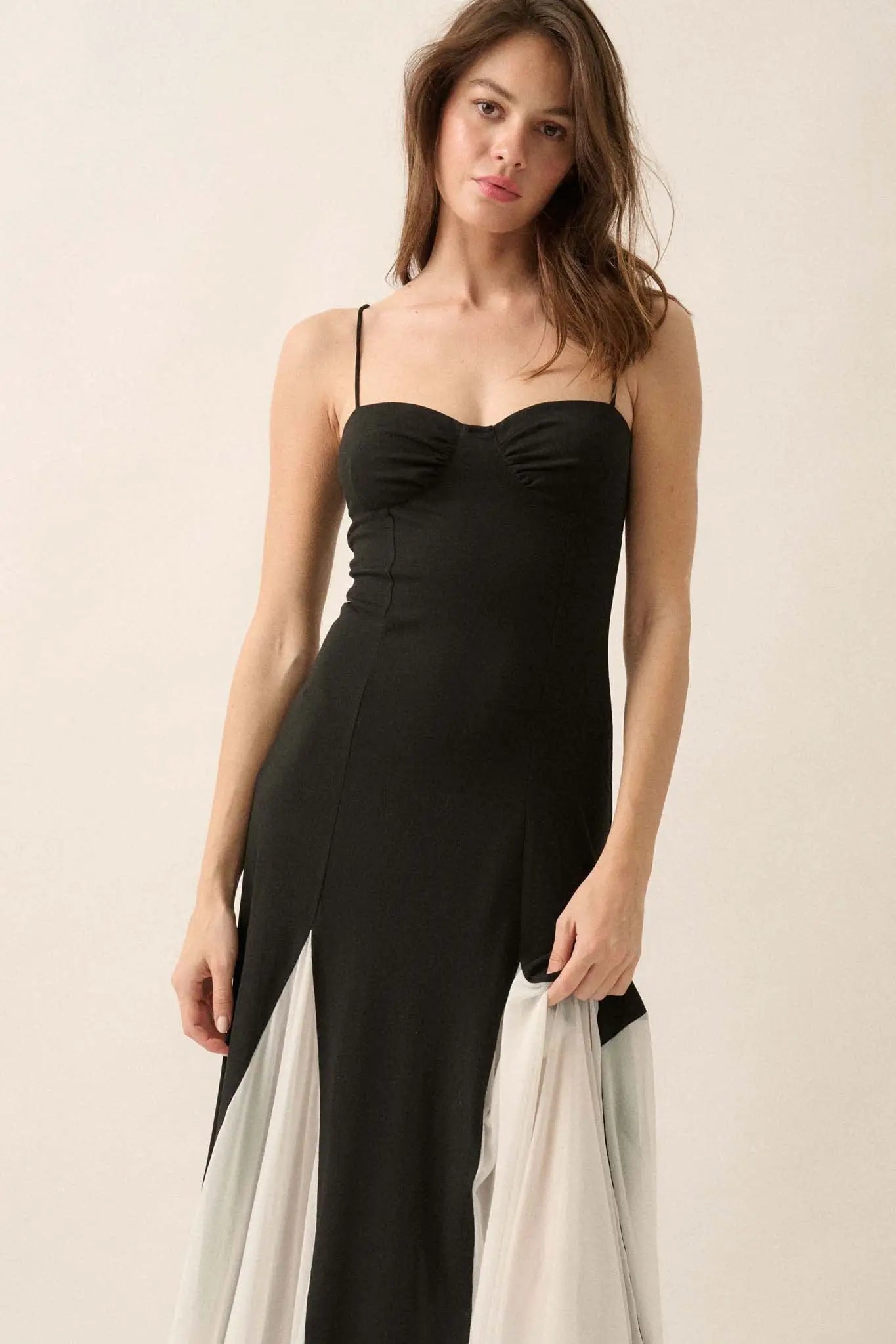 Modern Muse Rib-Knit and Mesh Godet Maxi Dress