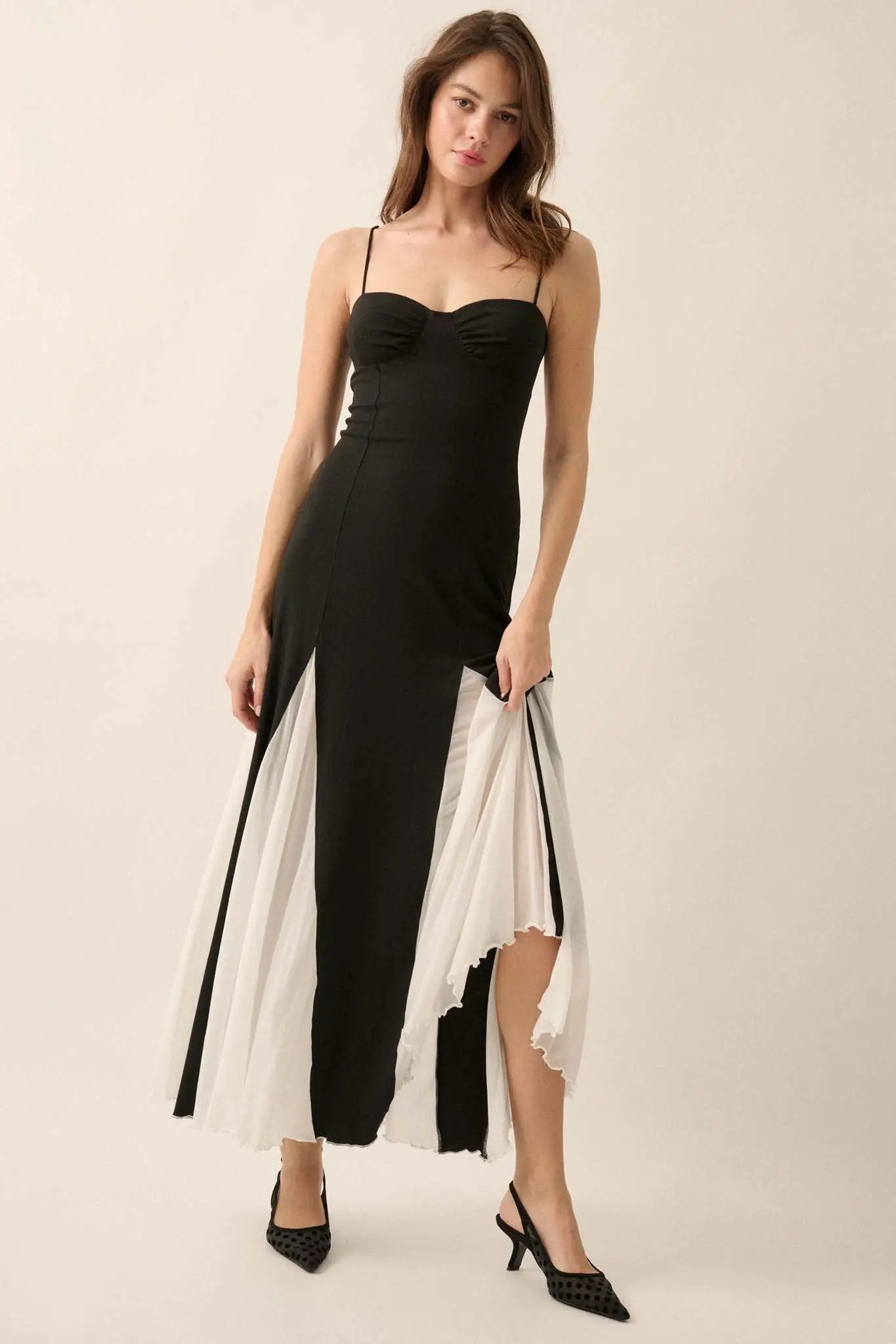 Modern Muse Rib-Knit and Mesh Godet Maxi Dress