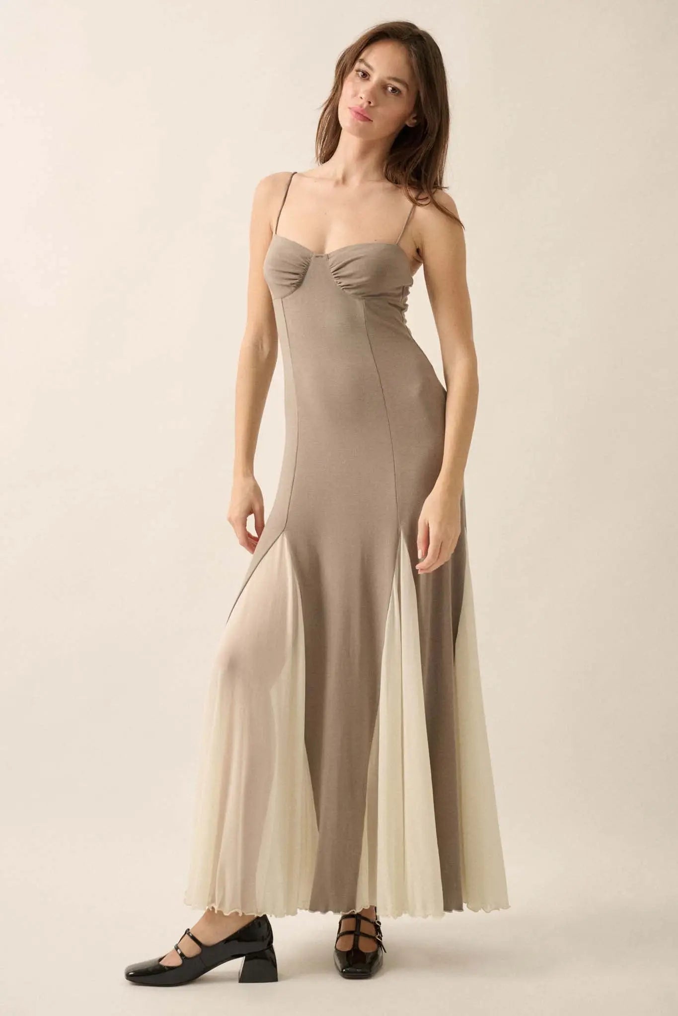Modern Muse Rib-Knit and Mesh Godet Maxi Dress