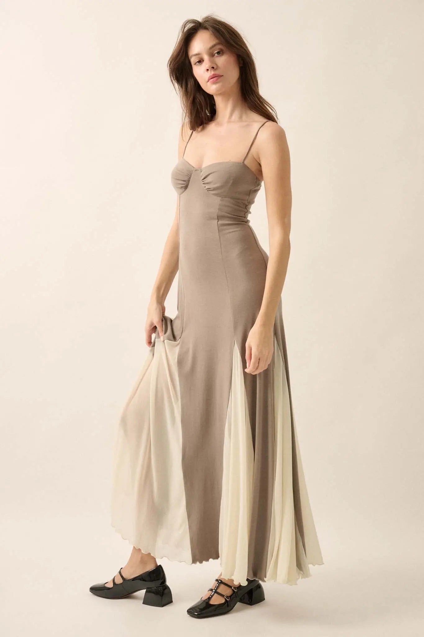 Modern Muse Rib-Knit and Mesh Godet Maxi Dress