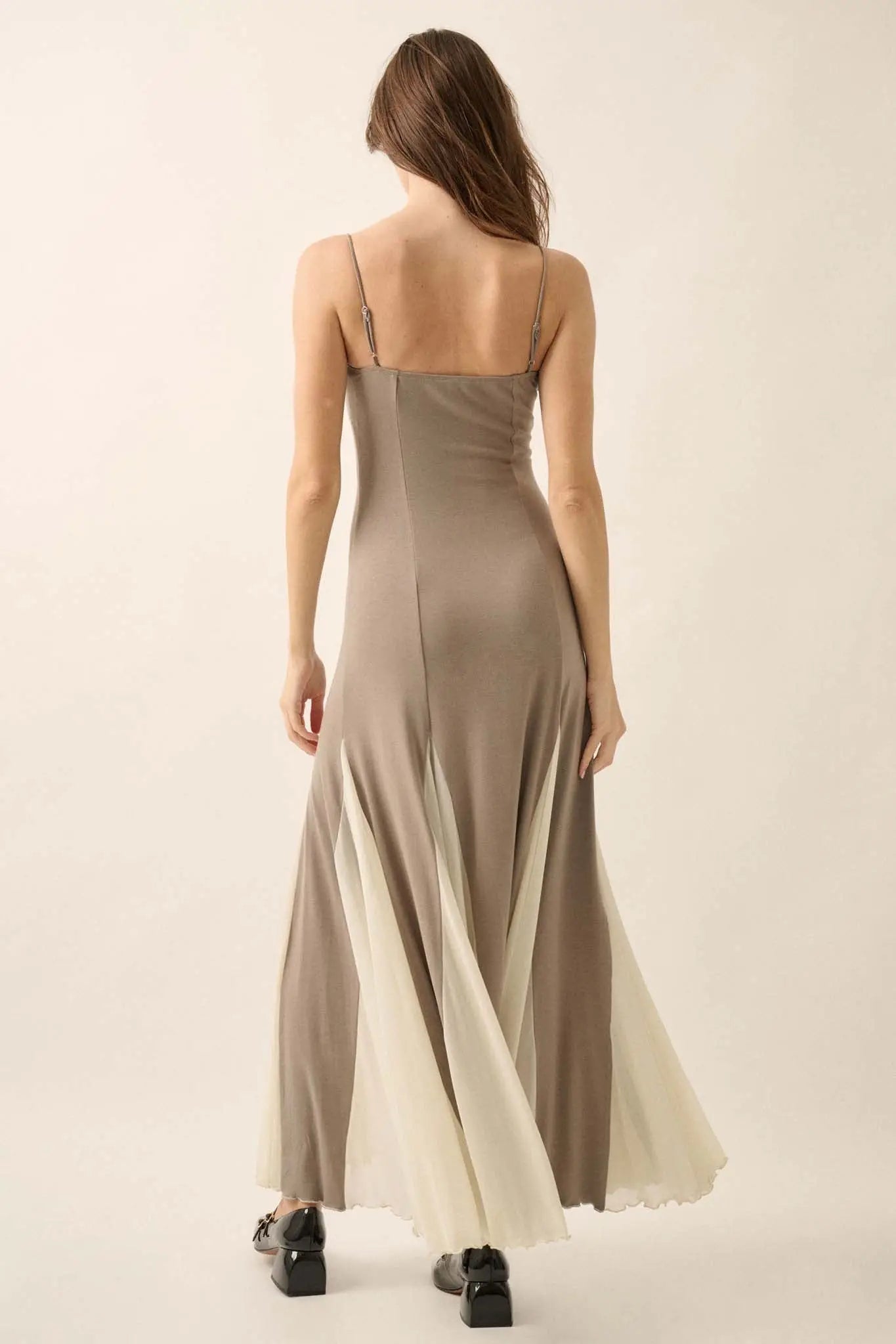 Modern Muse Rib-Knit and Mesh Godet Maxi Dress