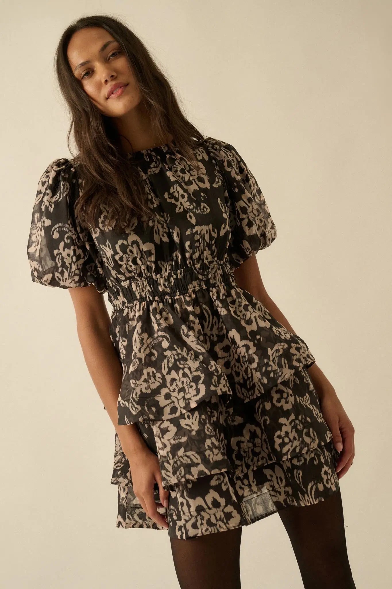 Graceful Blooms Floral Organza Tiered Mini Dress