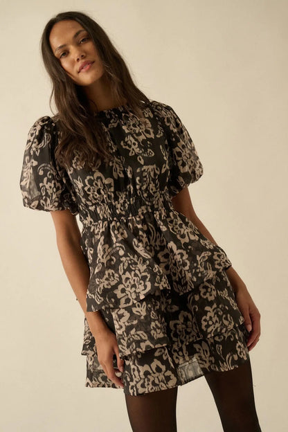 Graceful Blooms Floral Organza Tiered Mini Dress