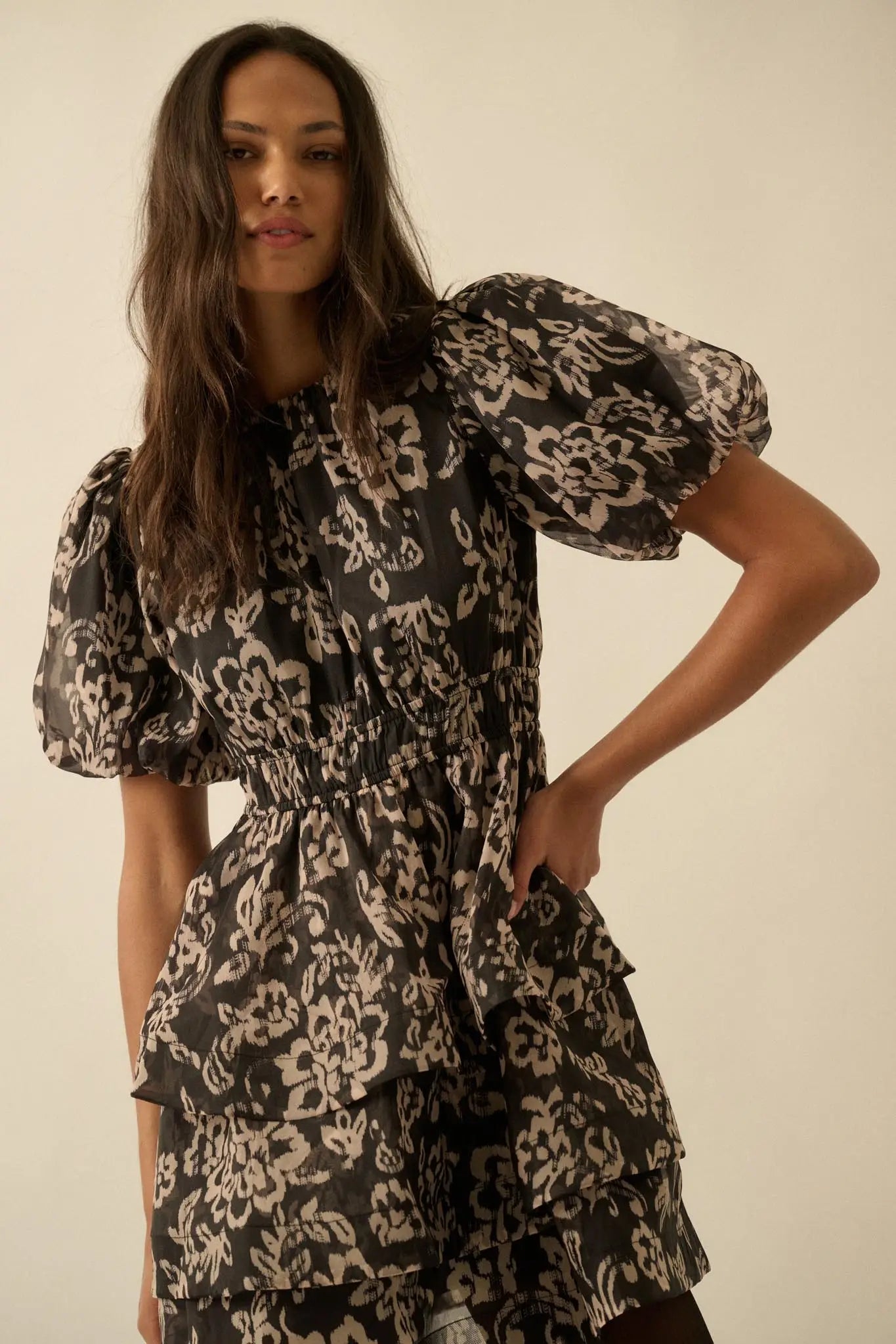 Graceful Blooms Floral Organza Tiered Mini Dress