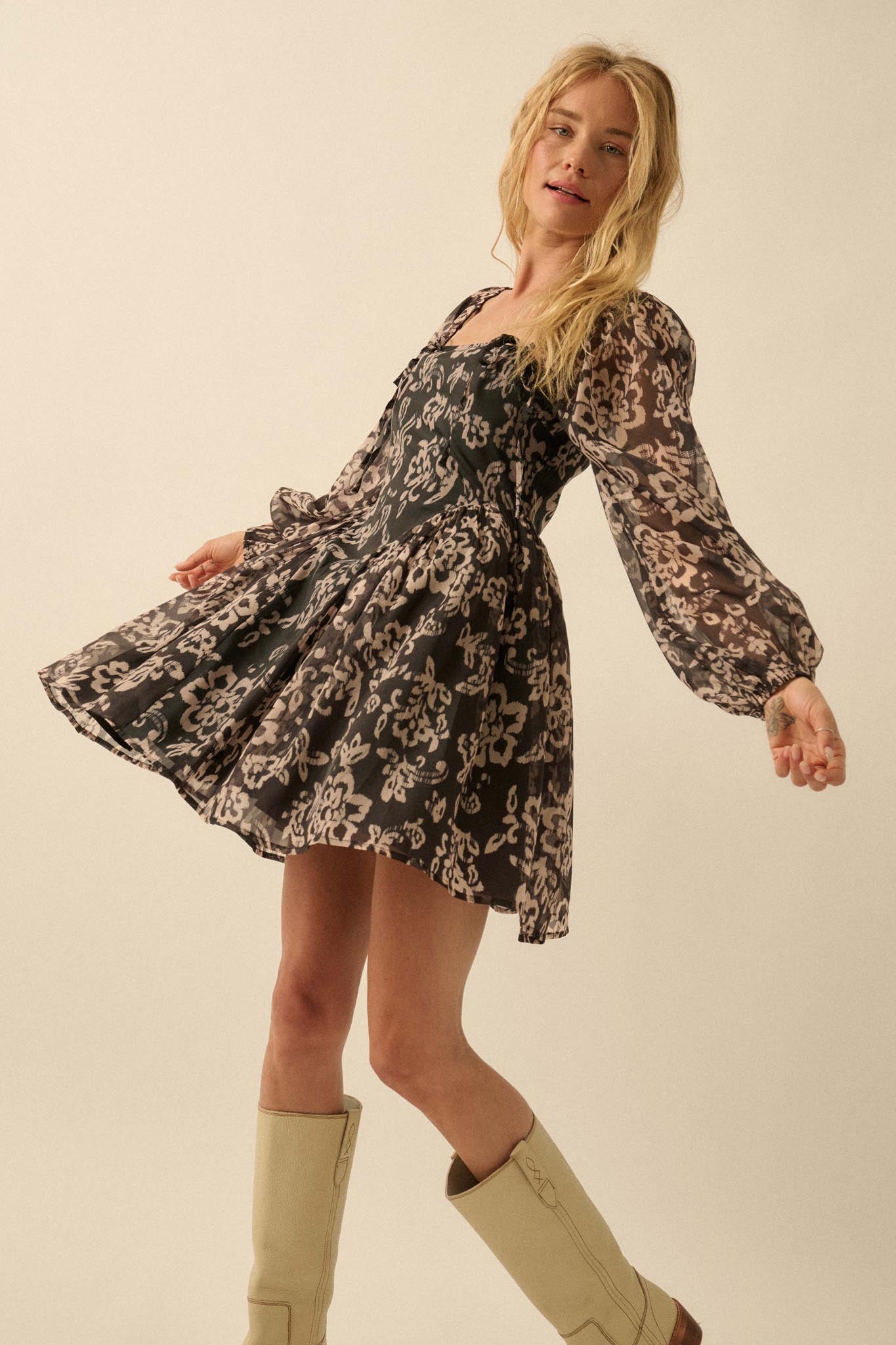 Flowering Grace Floral Organza Peplum Mini Dress