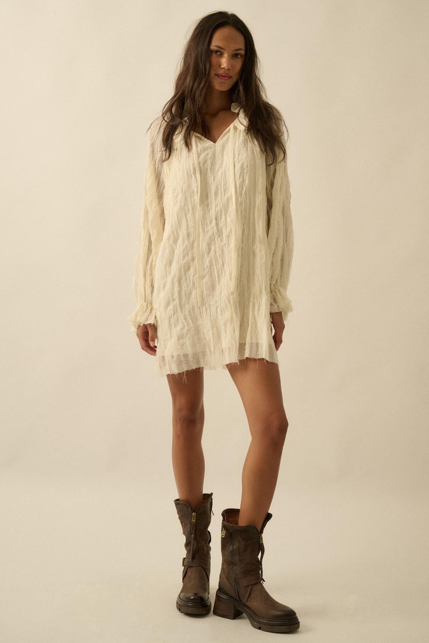 Gentle Whisper Raw-Edge Chiffon Ruffled Mini Dress