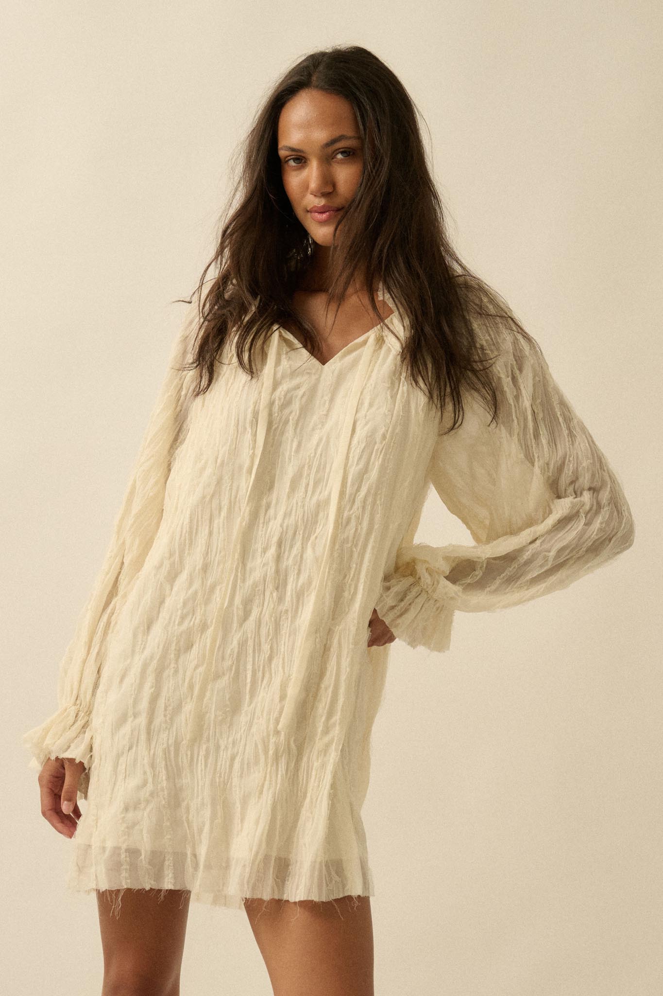 Gentle Whisper Raw-Edge Chiffon Ruffled Mini Dress