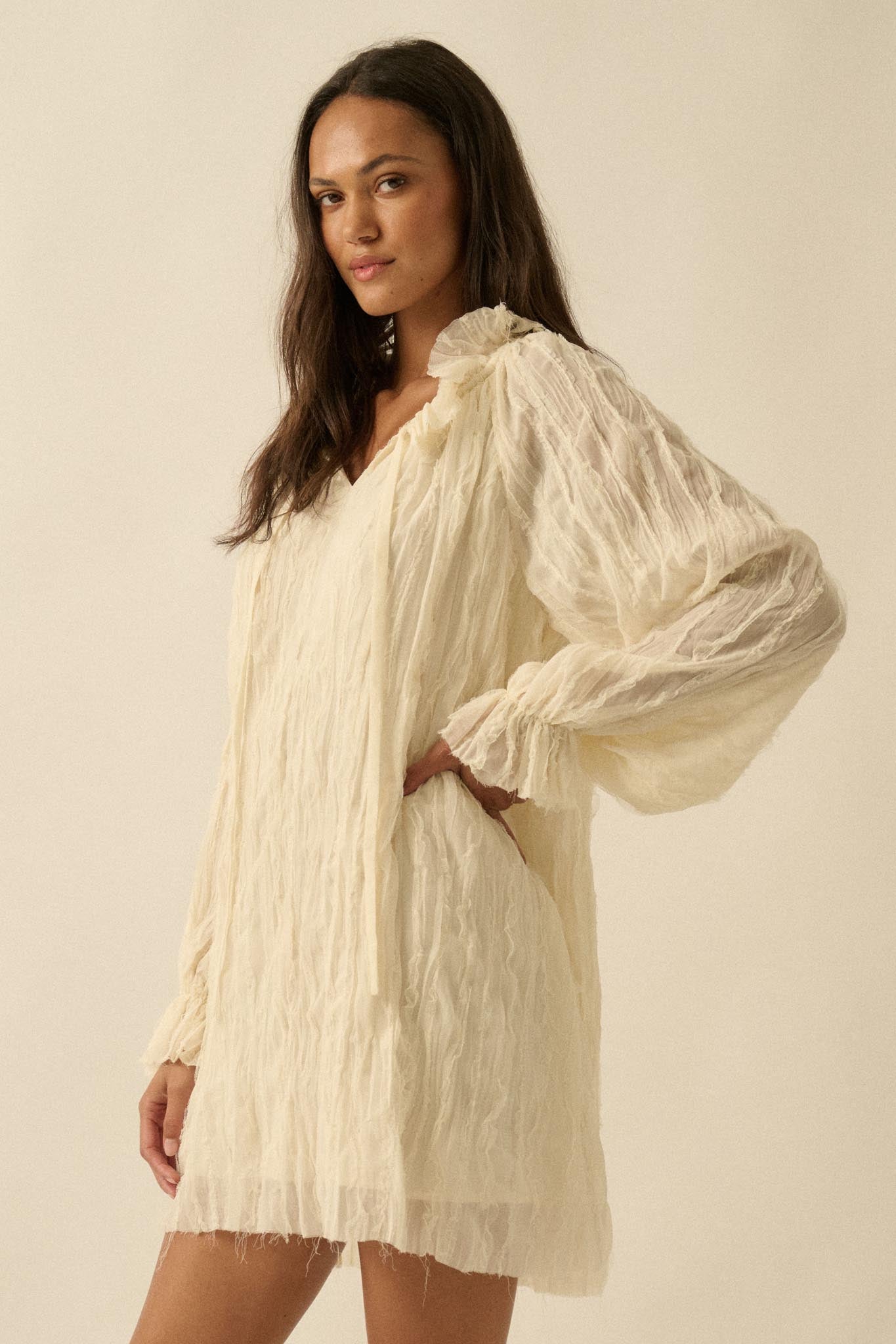 Gentle Whisper Raw-Edge Chiffon Ruffled Mini Dress
