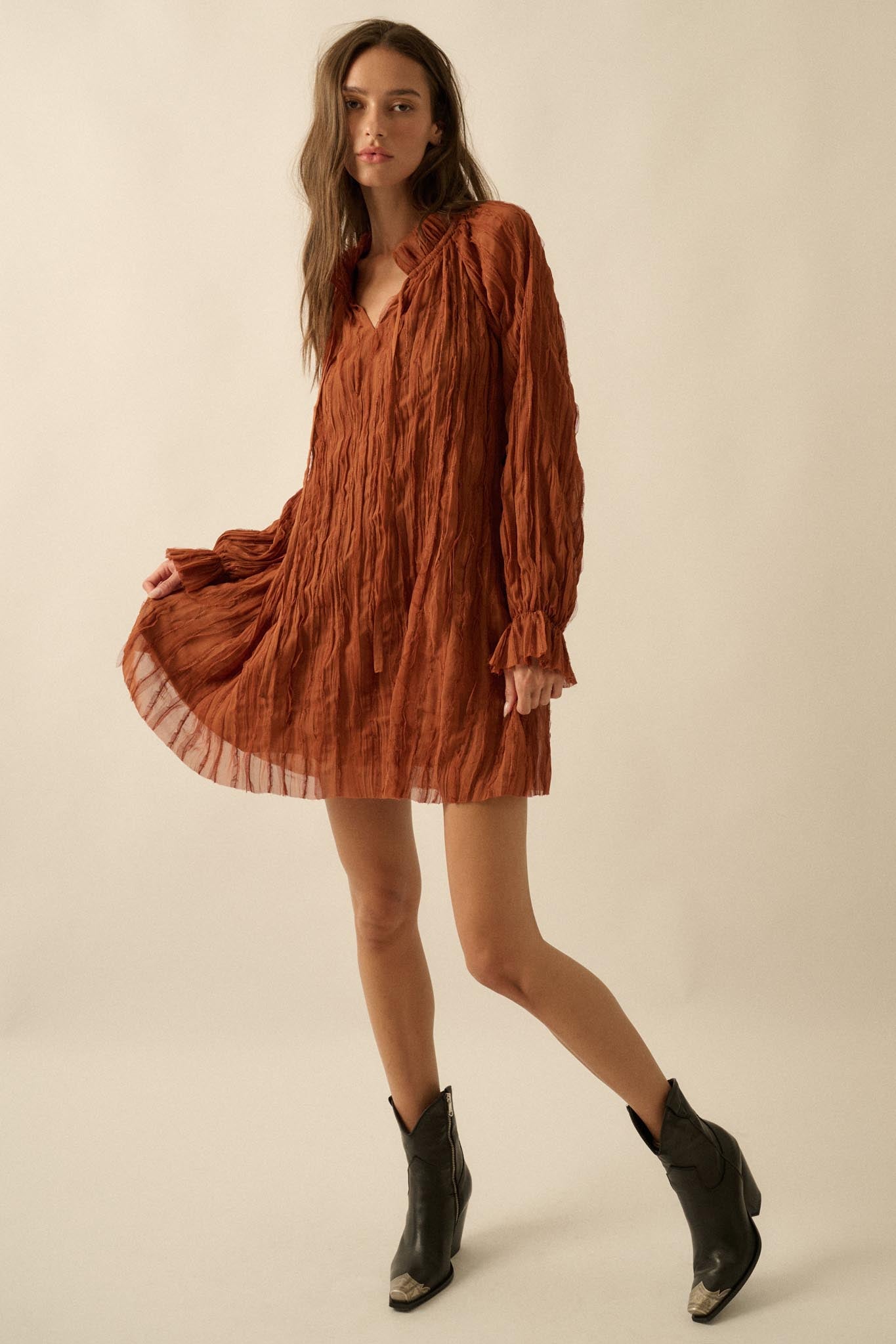Gentle Whisper Raw-Edge Chiffon Ruffled Mini Dress