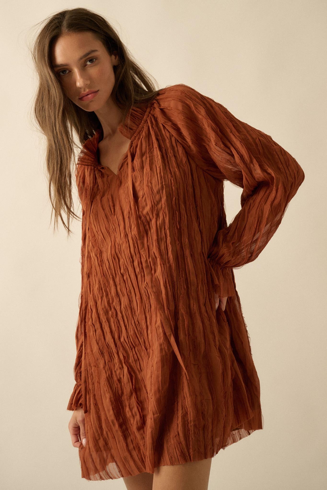 Gentle Whisper Raw-Edge Chiffon Ruffled Mini Dress