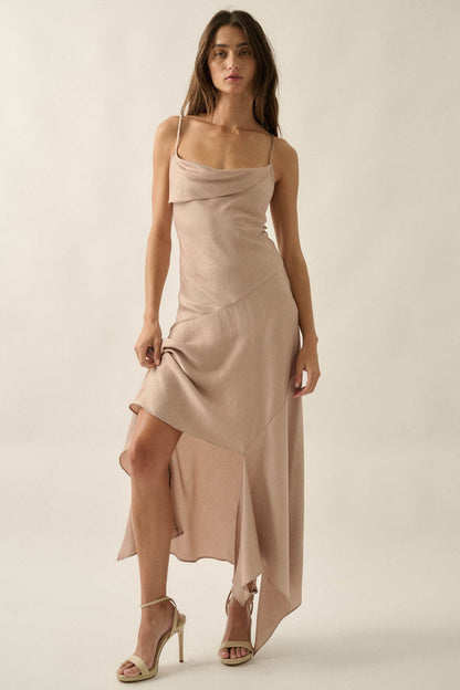 Silky Sashay Textured Satin Asymmetrical Midi Dress