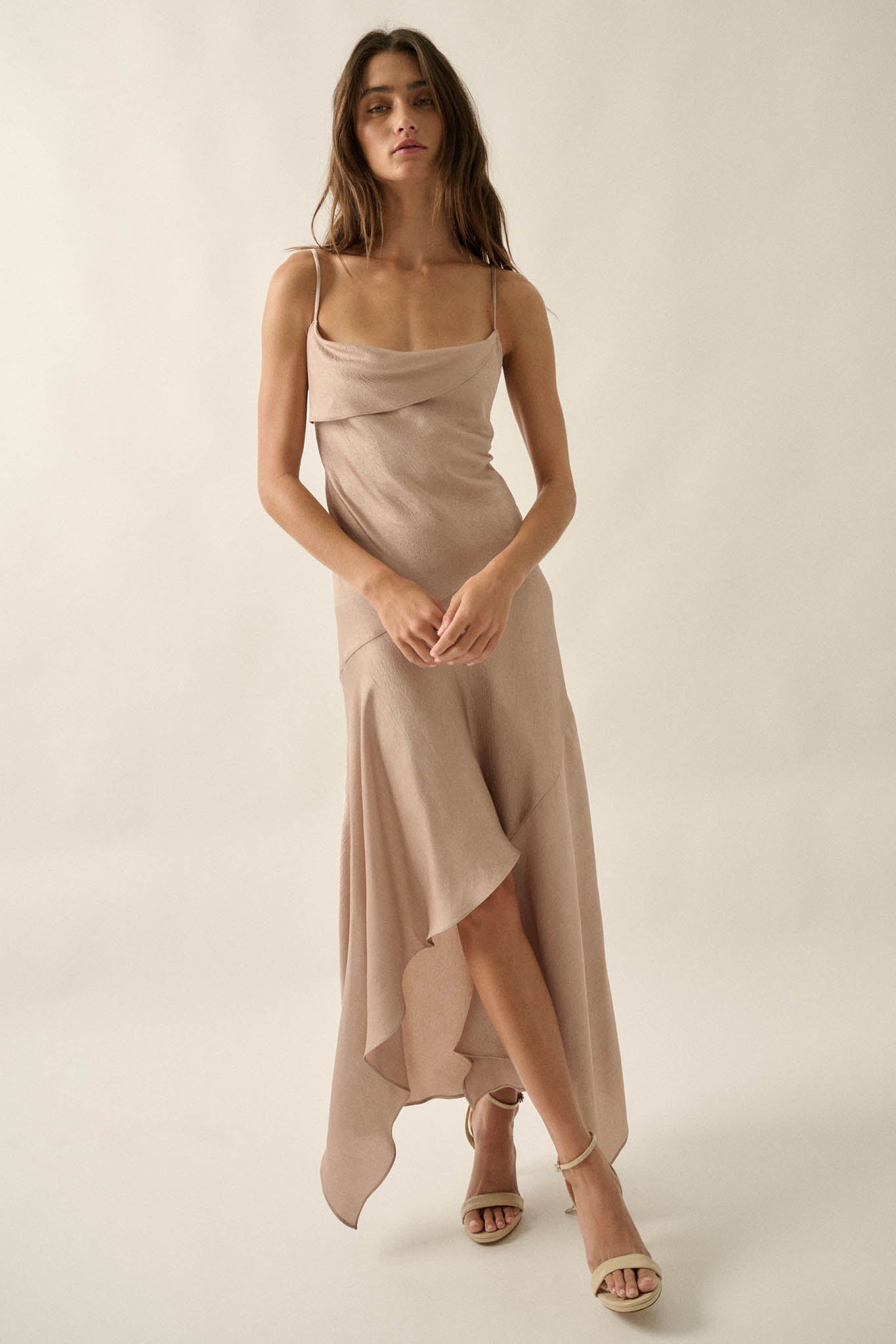 Silky Sashay Textured Satin Asymmetrical Midi Dress