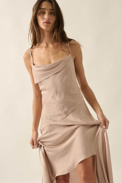 Silky Sashay Textured Satin Asymmetrical Midi Dress