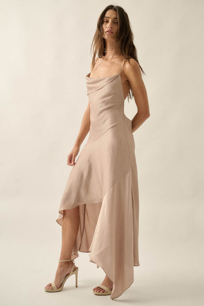 Silky Sashay Textured Satin Asymmetrical Midi Dress