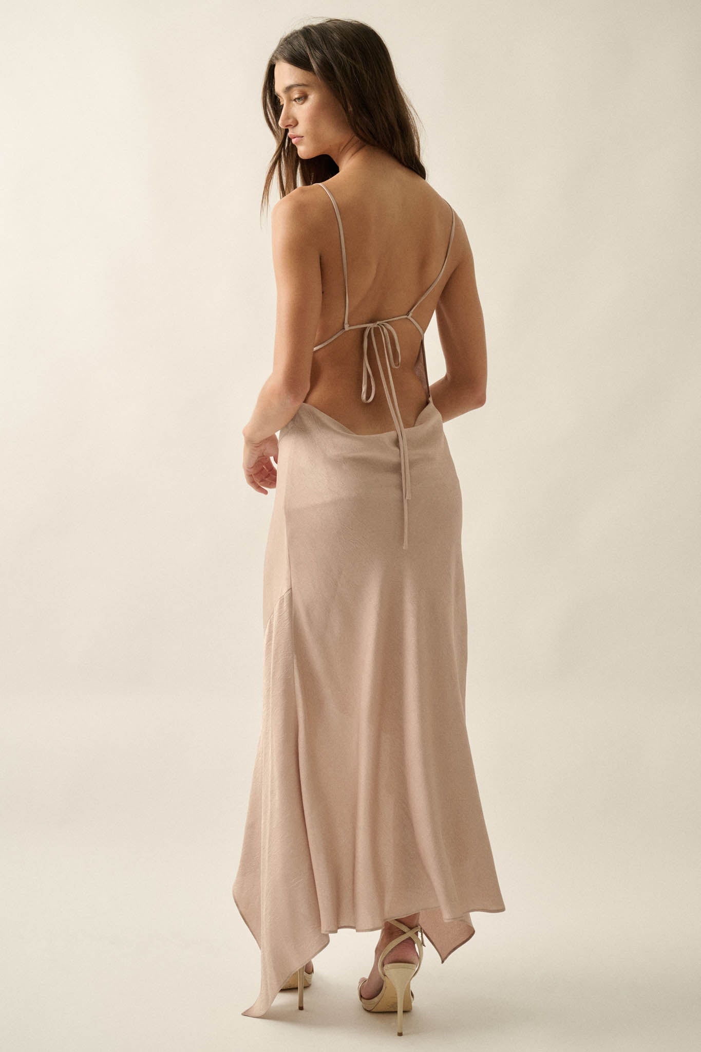 Silky Sashay Textured Satin Asymmetrical Midi Dress