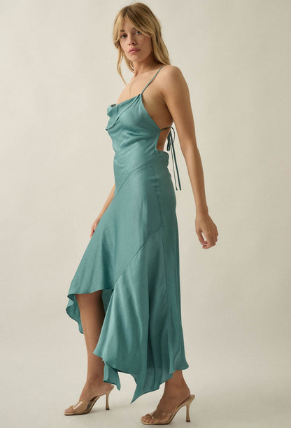 Silky Sashay Textured Satin Asymmetrical Midi Dress