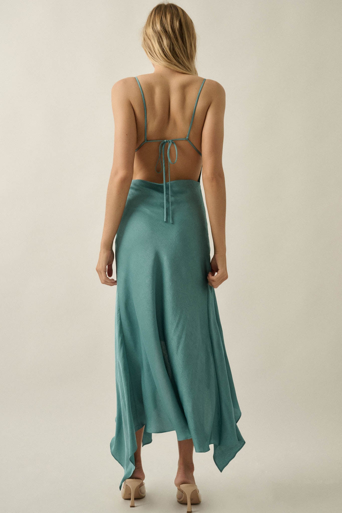 Silky Sashay Textured Satin Asymmetrical Midi Dress