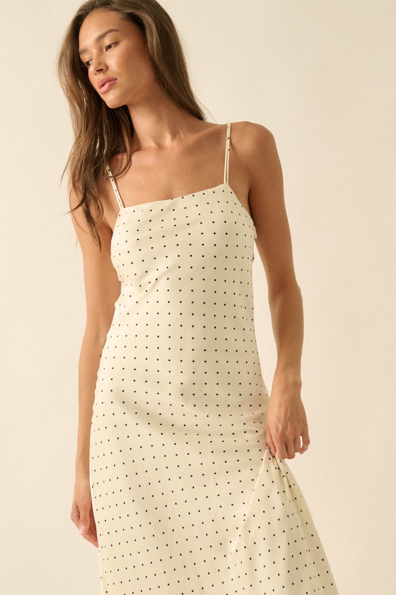 Dot to Dot Polka Dot-Print Satin Midi Slip Dress