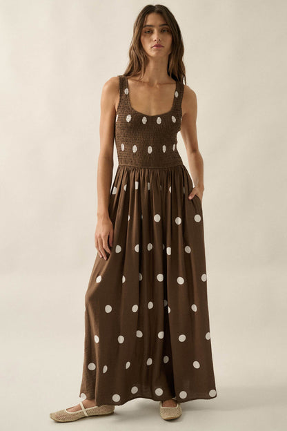 Soft Spot Polka Dot Smocked Square-Neck Maxi Dress