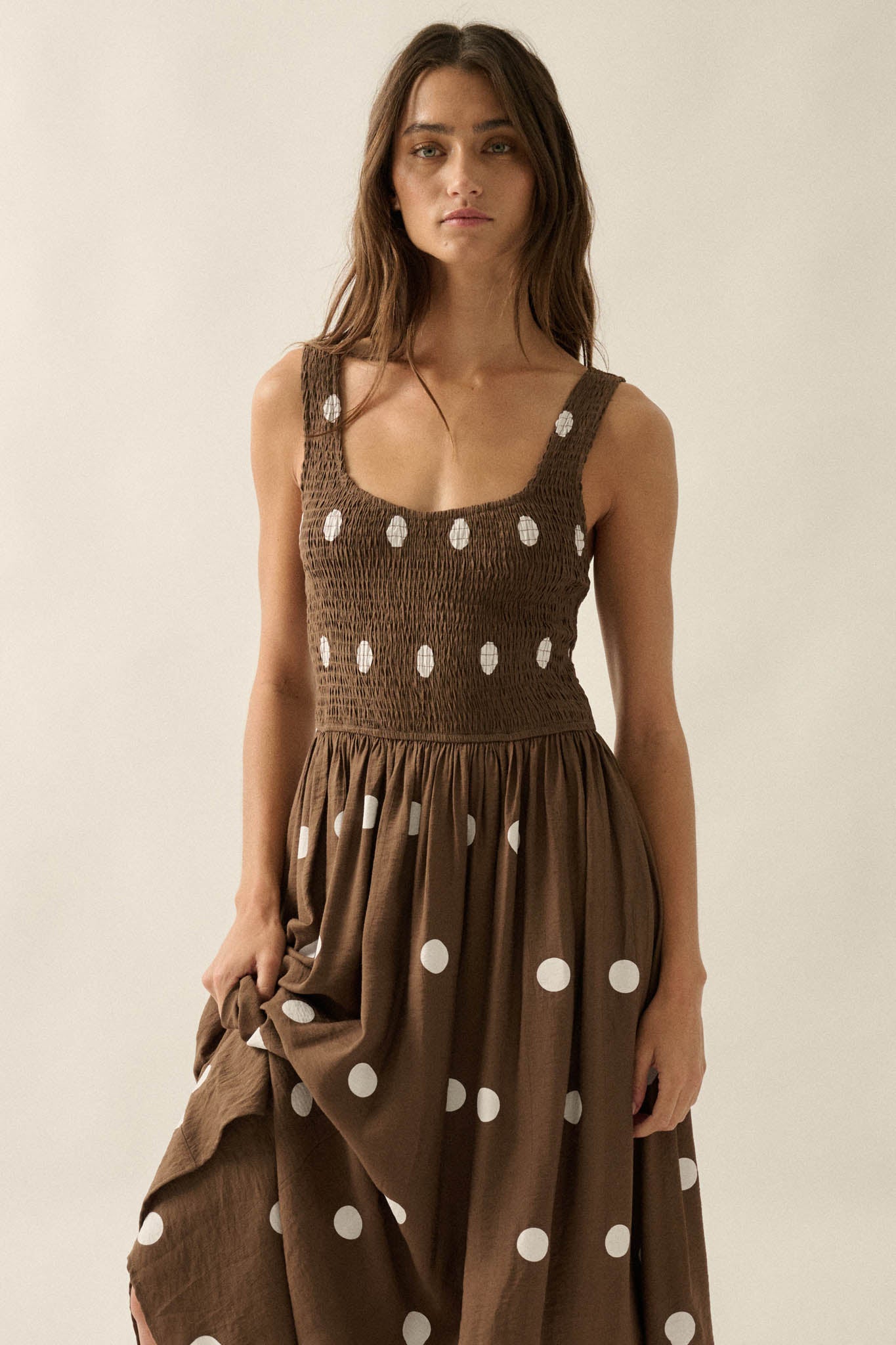 Soft Spot Polka Dot Smocked Square-Neck Maxi Dress