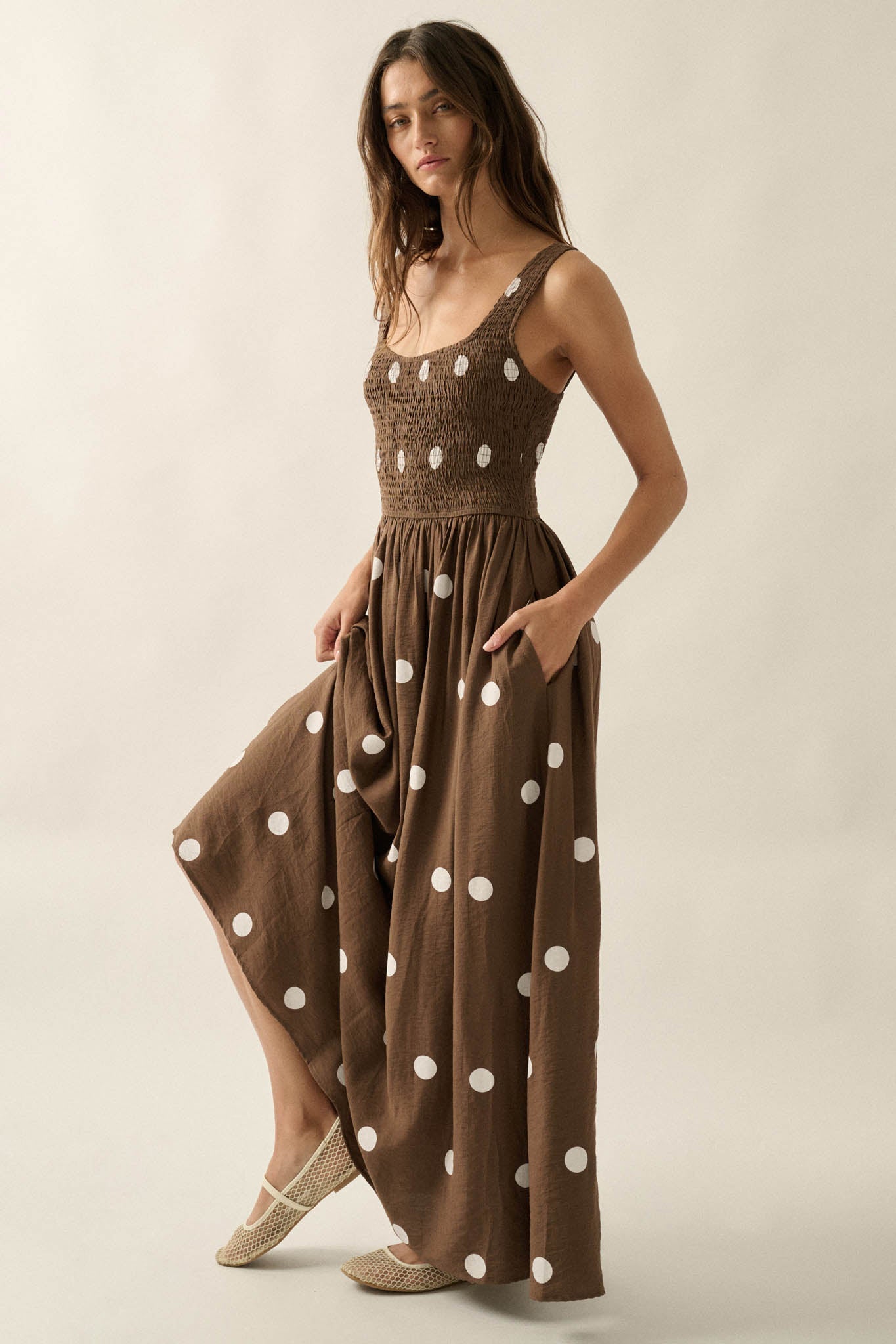 Soft Spot Polka Dot Smocked Square-Neck Maxi Dress
