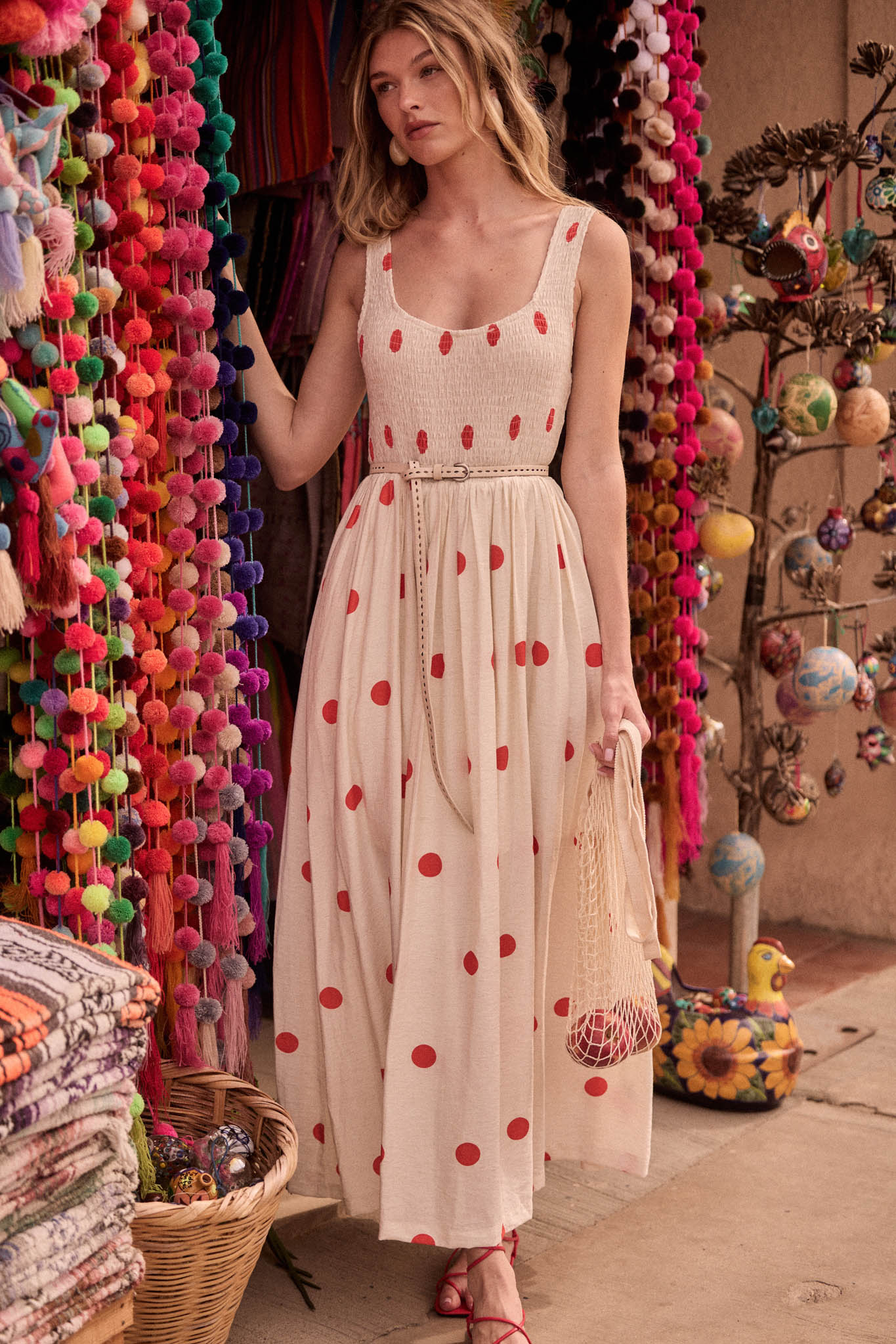 Soft Spot Polka Dot Smocked Square-Neck Maxi Dress