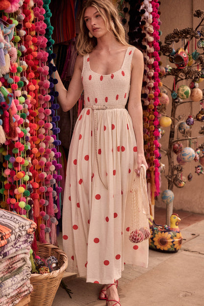 Soft Spot Polka Dot Smocked Square-Neck Maxi Dress