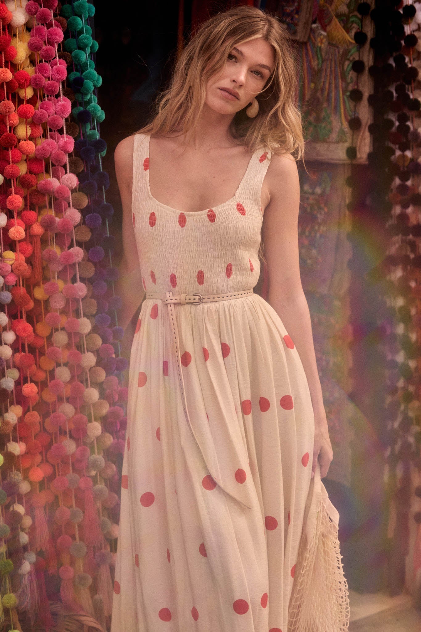 Soft Spot Polka Dot Smocked Square-Neck Maxi Dress