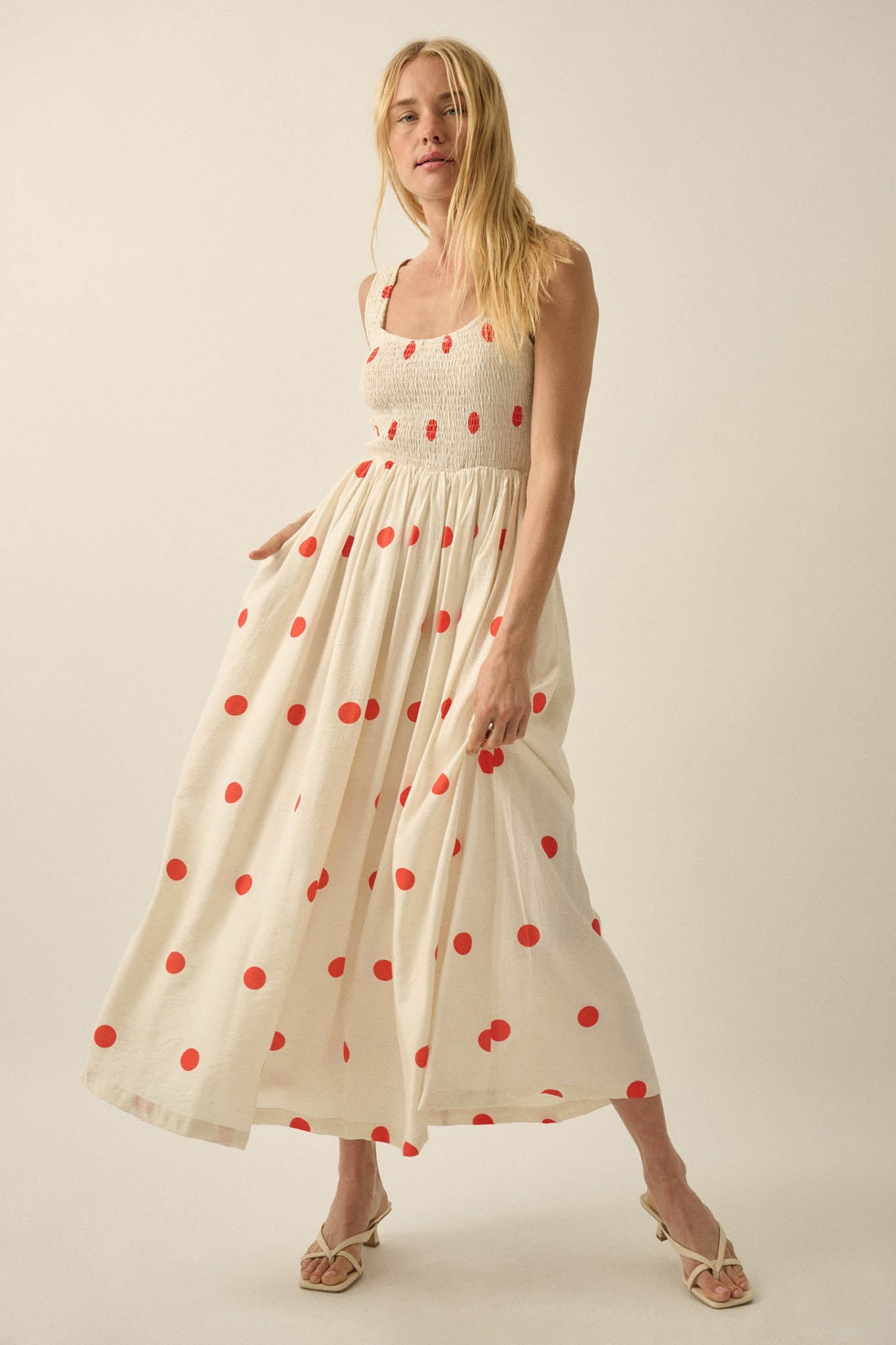 Soft Spot Polka Dot Smocked Square-Neck Maxi Dress