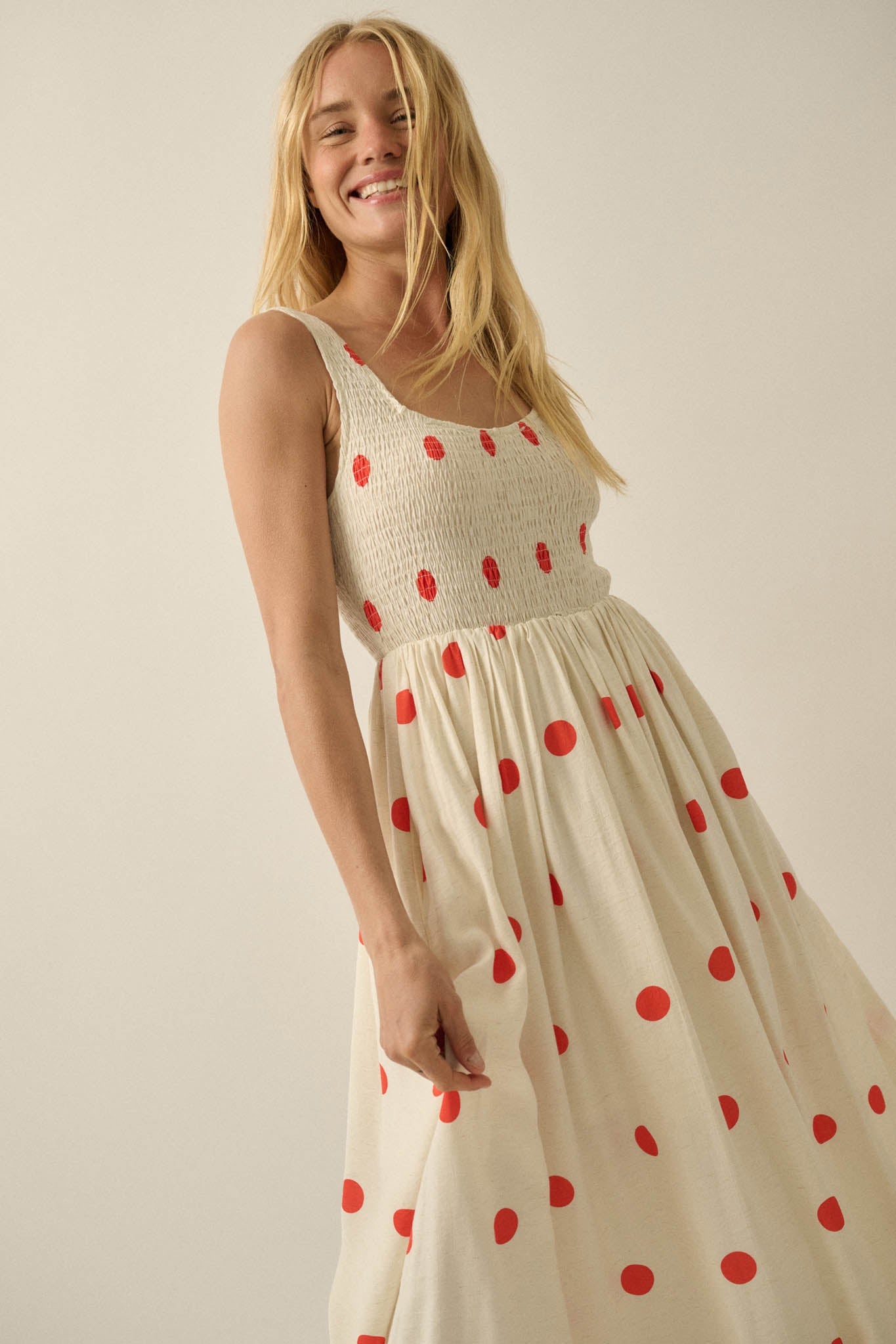 Soft Spot Polka Dot Smocked Square-Neck Maxi Dress