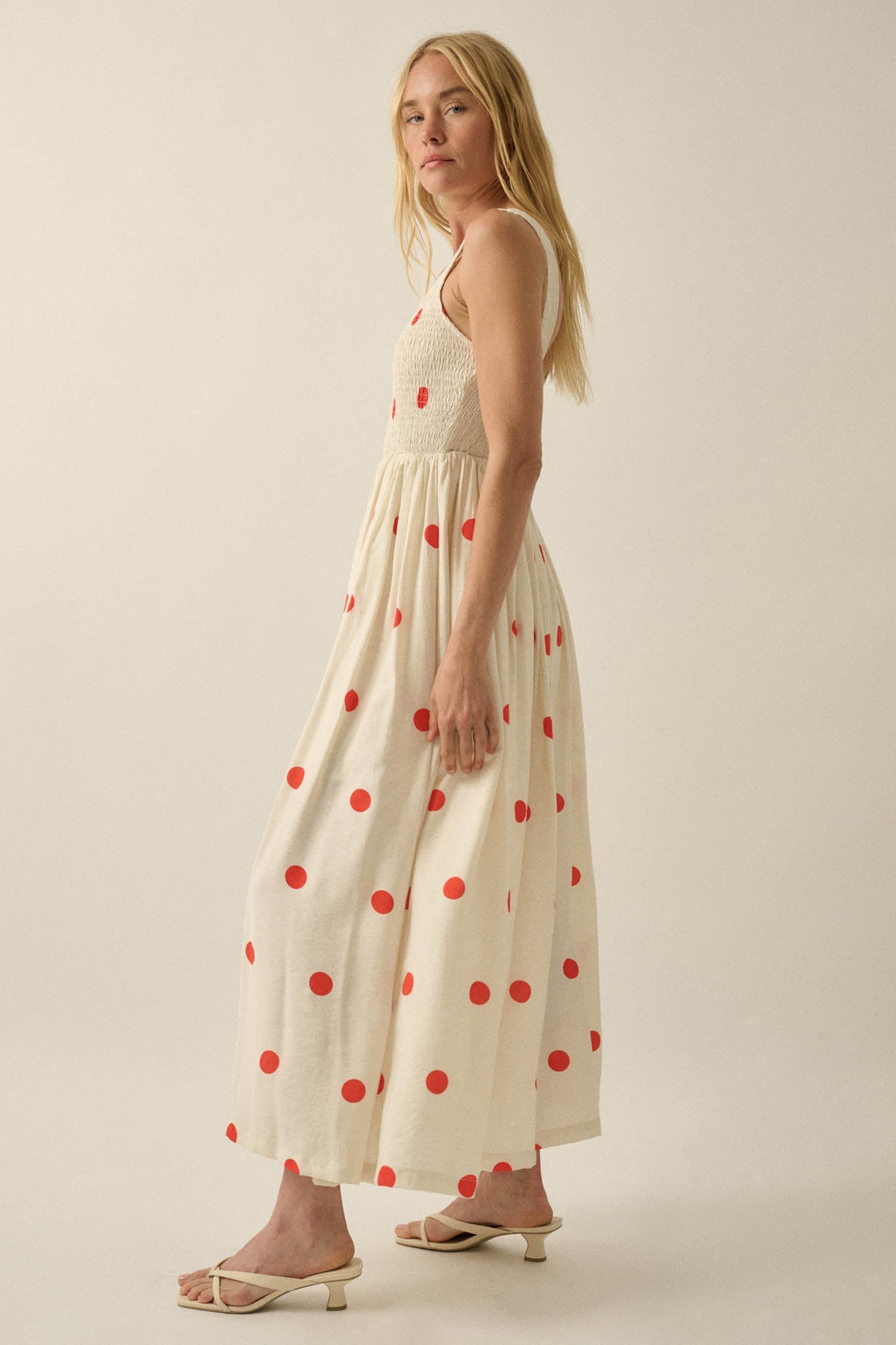 Soft Spot Polka Dot Smocked Square-Neck Maxi Dress