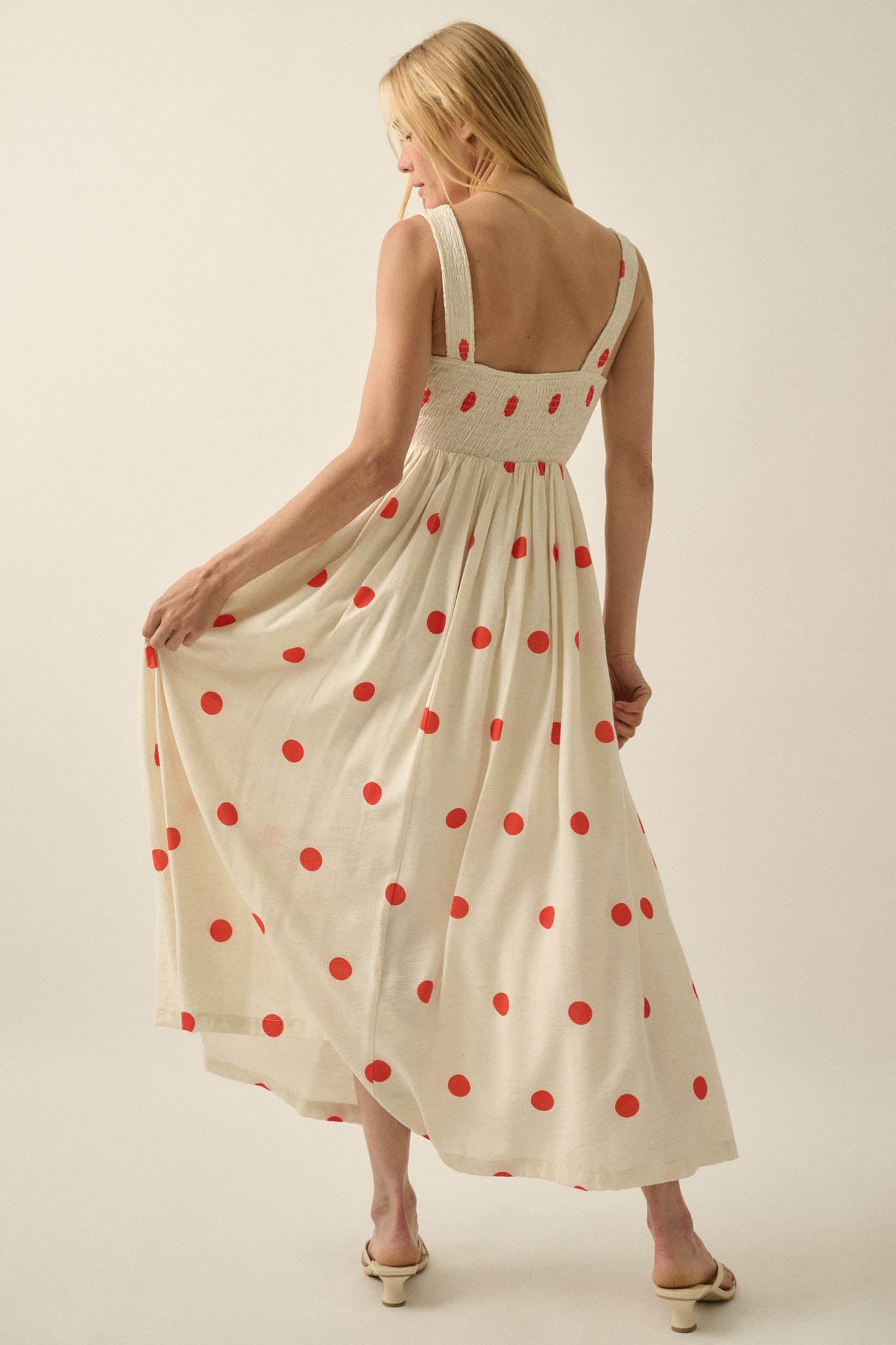 Soft Spot Polka Dot Smocked Square-Neck Maxi Dress