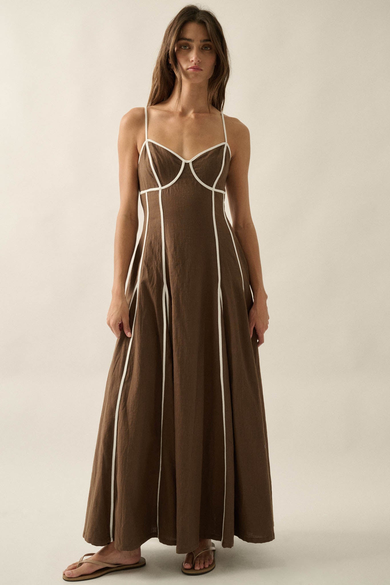 Just Breathe Cotton Piping-Trim Godet Maxi Dress