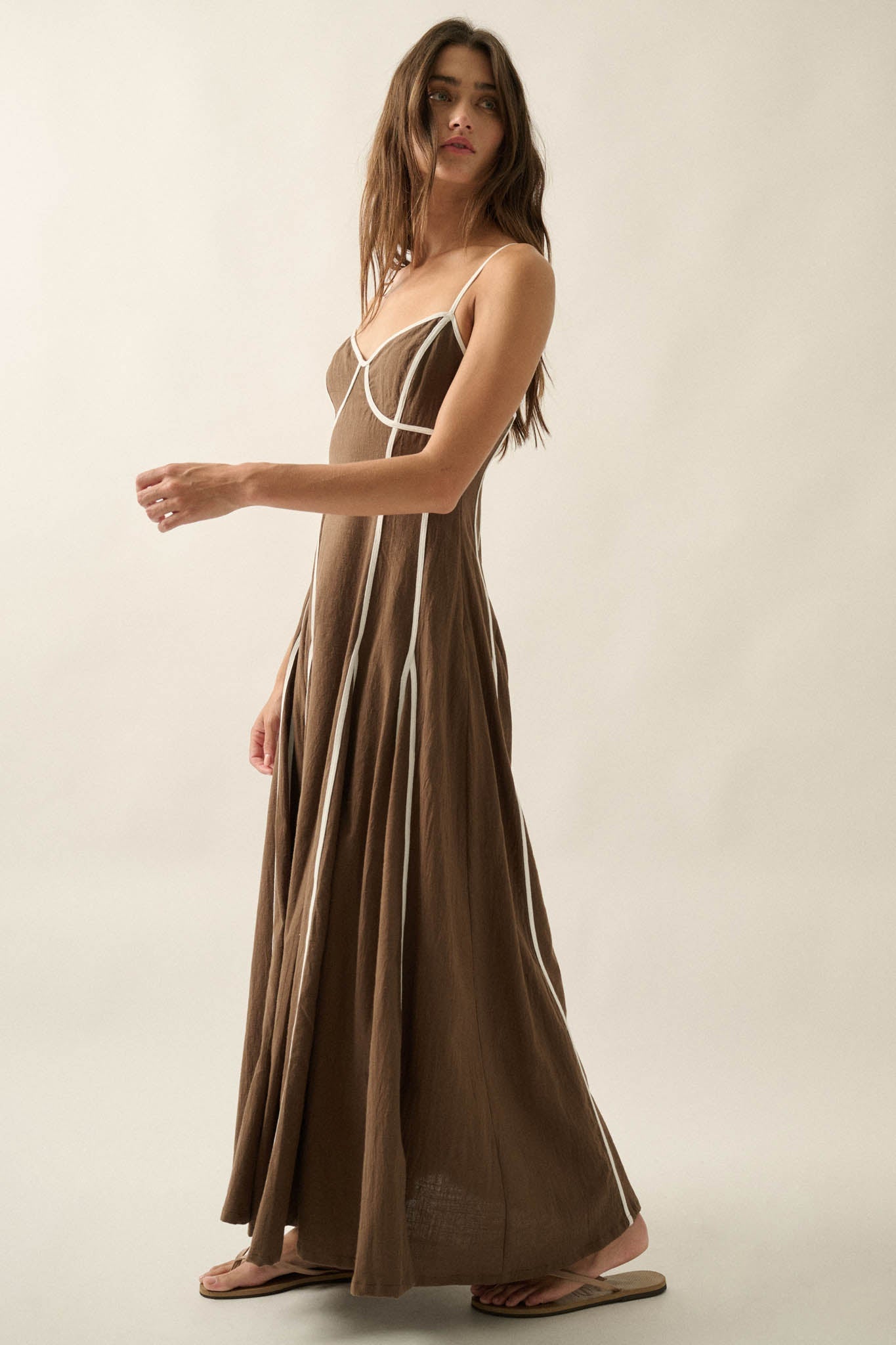 Just Breathe Cotton Piping-Trim Godet Maxi Dress