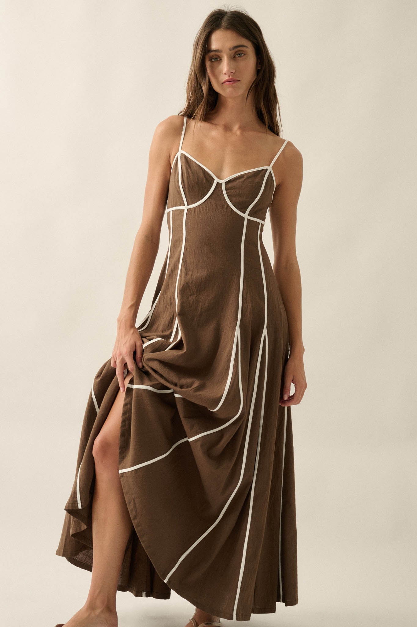 Just Breathe Cotton Piping-Trim Godet Maxi Dress